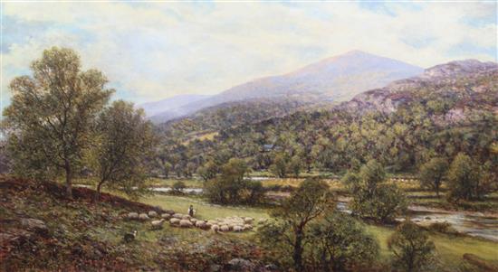 Alfred Augustus Glendening (1861-1907) Shepherd and flock in a valley, 24 x 42in.